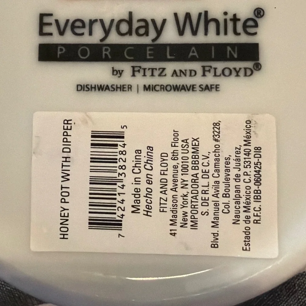 Fitz and Floyd Everyday White Porcelain Honey Pot with Bee Lid Embossed Barrel